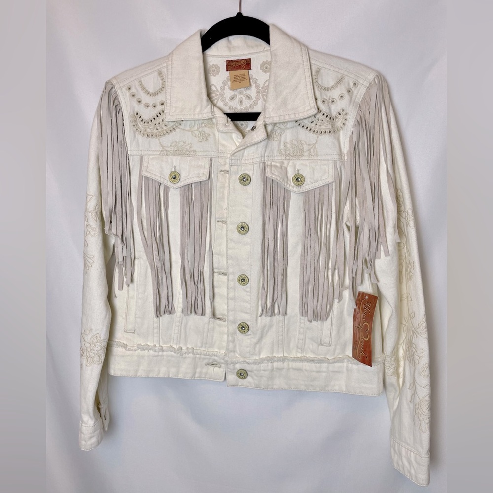 Scully Western Style Cream Jean Jacket with Suede Fringe